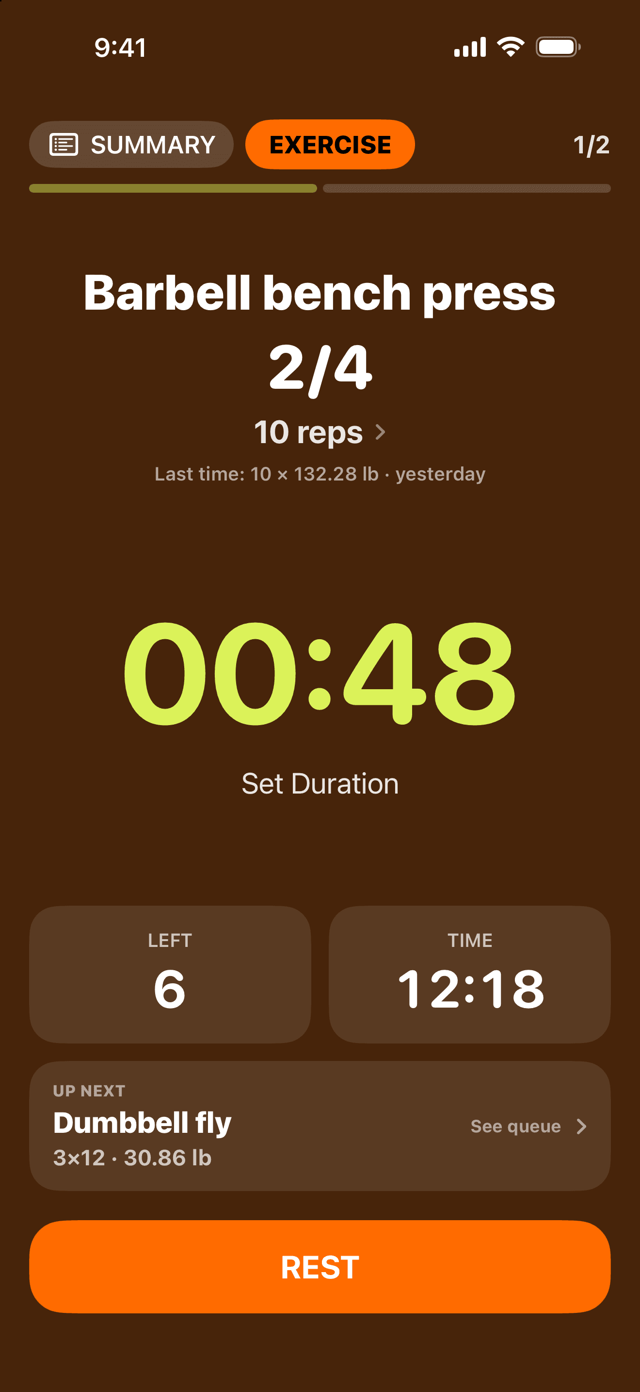 GrafSets workout screen on iPhone: Barbell bench press, set 2 of 4, 10 reps, set timer at 00:48, 6 remaining, 12:18 into the workout, Dumbbell fly up next and the Rest button.