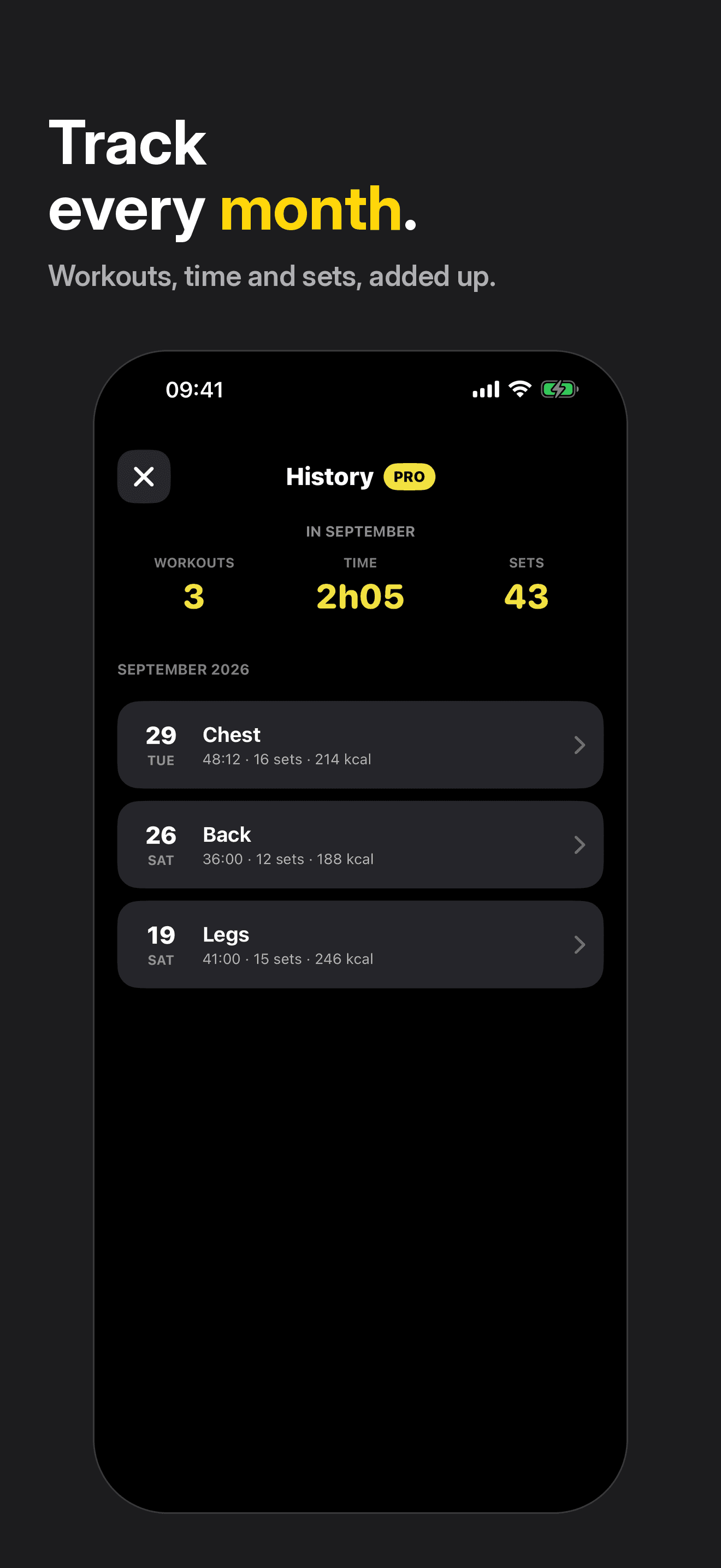 Pro history for September with 3 workouts, 2h05 and 43 sets, and the Chest, Back and Legs list. Caption: See your progress. Workouts, time and sets by month.