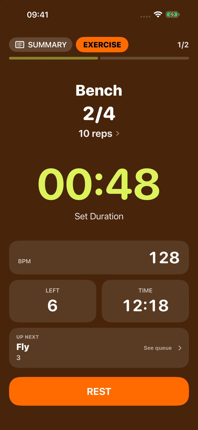 Tela de exercício com frequência cardíaca no Watch.