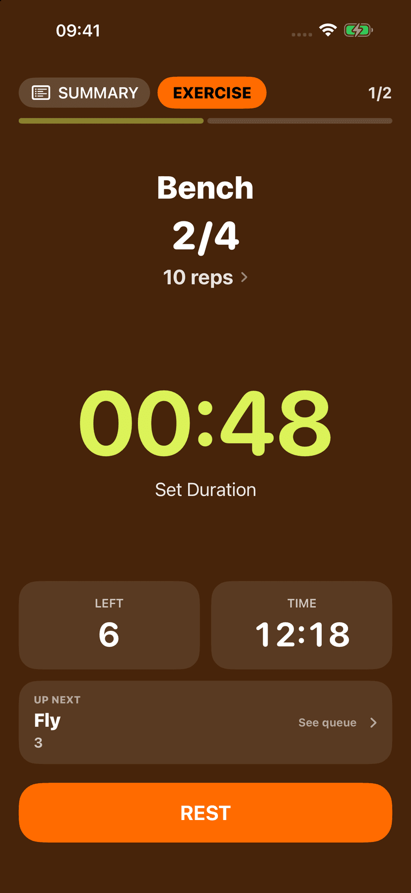 Tela de exercício do GrafSets: Gym Counter no iPhone, em inglês.