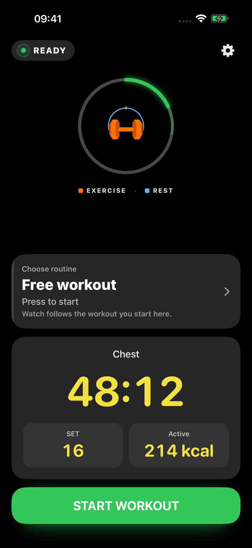 Tela Ready com o último treino no iPhone, em inglês.