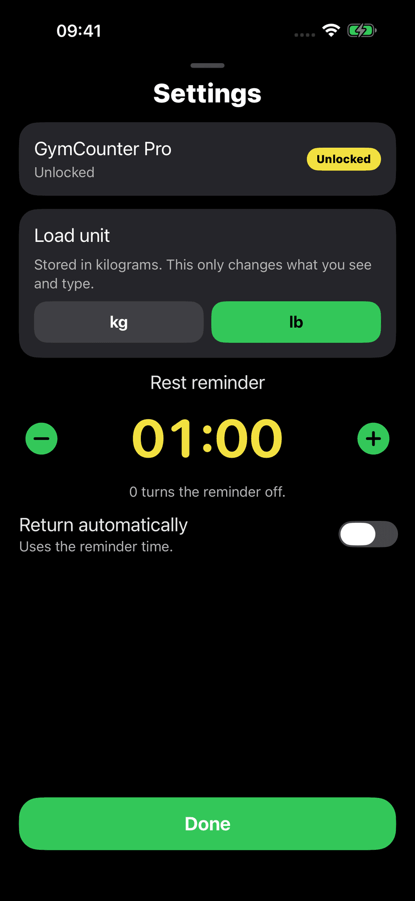 Tela de ajustes do GrafSets: Gym Counter no iPhone, em inglês.