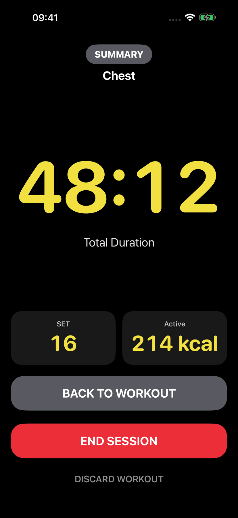 Tela de resumo do GrafSets: Gym Counter no iPhone, em inglês.