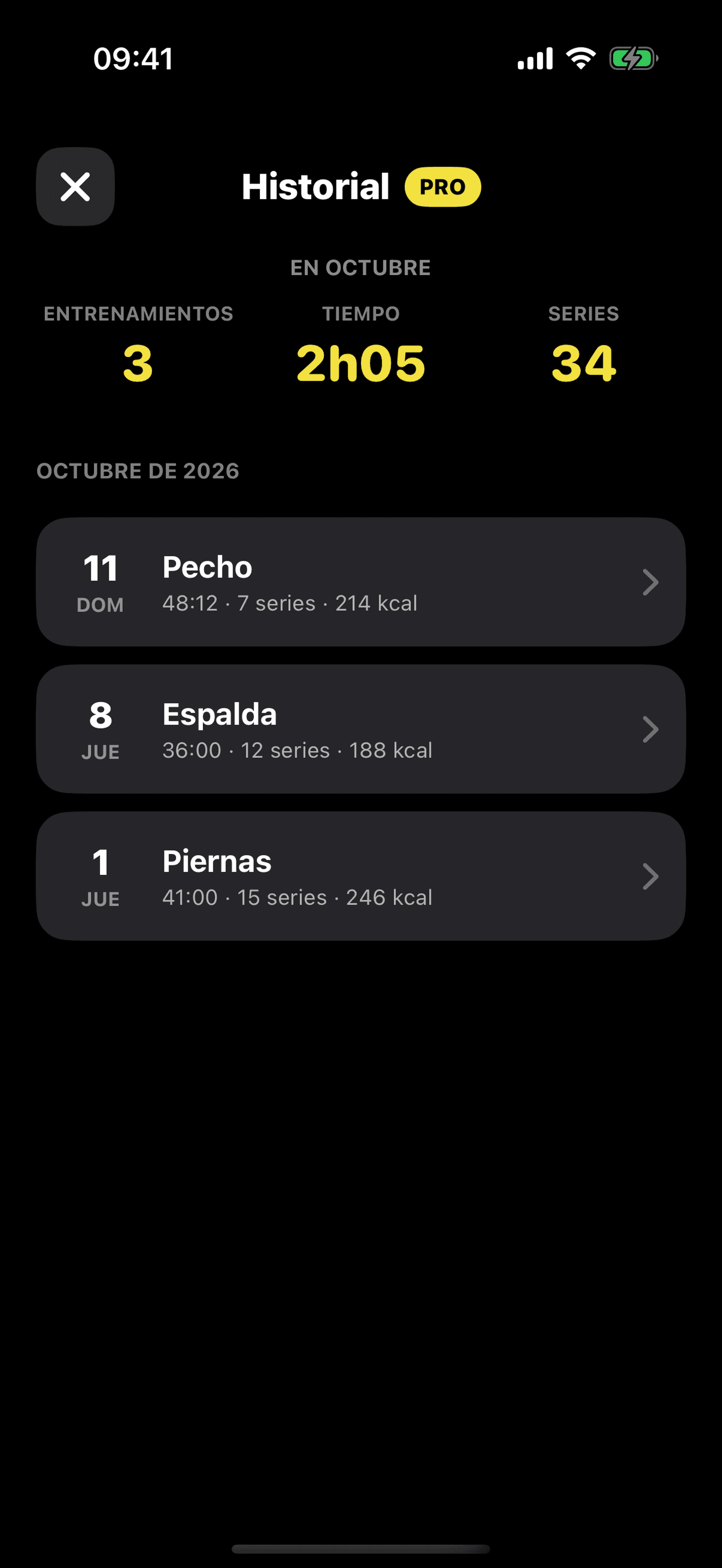 Historial del mes con entrenamientos, tiempo y series.