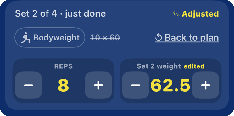 Set card with reps changed to 8 and the "Adjusted" badge.