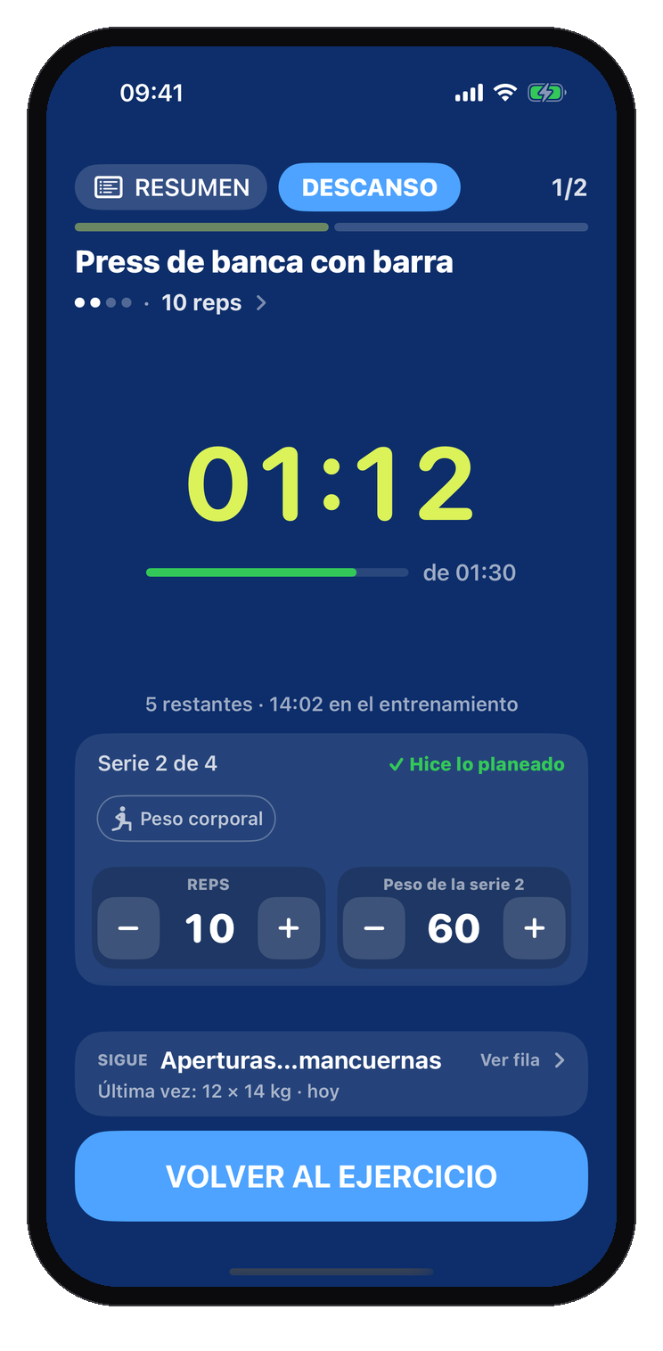 GrafSets in Spanish on iPhone: rest after Press de banca con barra, the set marked "Hice lo planeado" and the VOLVER AL EJERCICIO button.
