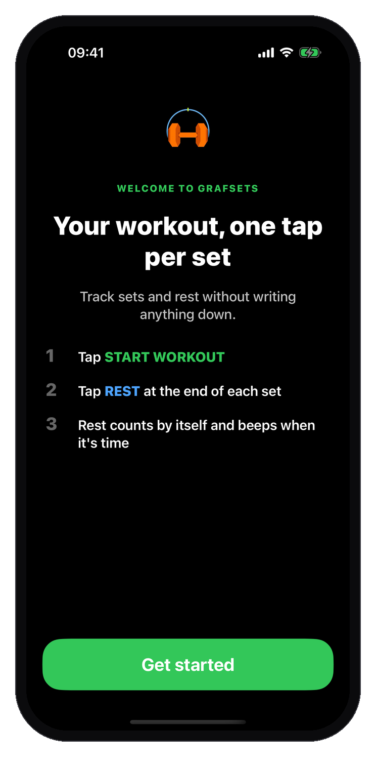 GrafSets welcome screen on iPhone: "Your workout, one tap per set", three steps and the Get started button.