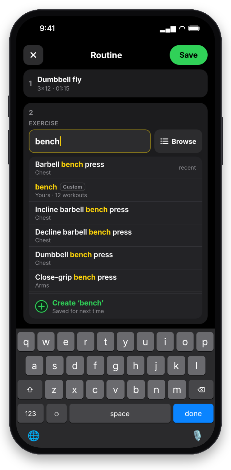 Exercise picker search field with the first letters of an exercise.