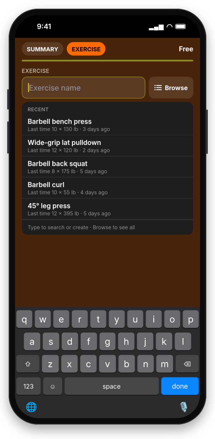 Free workout with the exercise field and recent names.