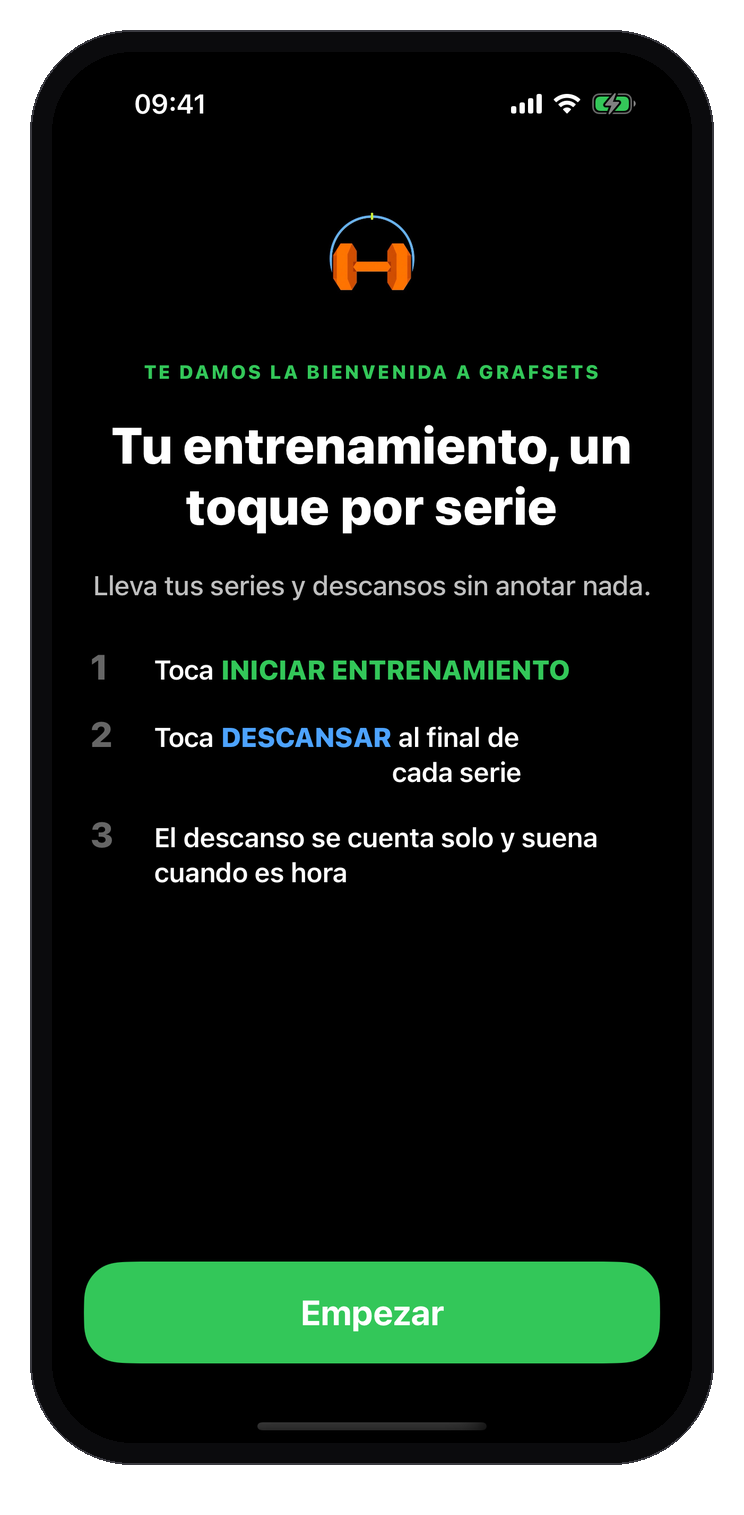 Pantalla de bienvenida de GrafSets en el iPhone: "Tu entrenamiento, un toque por serie", tres pasos y el botón Empezar.