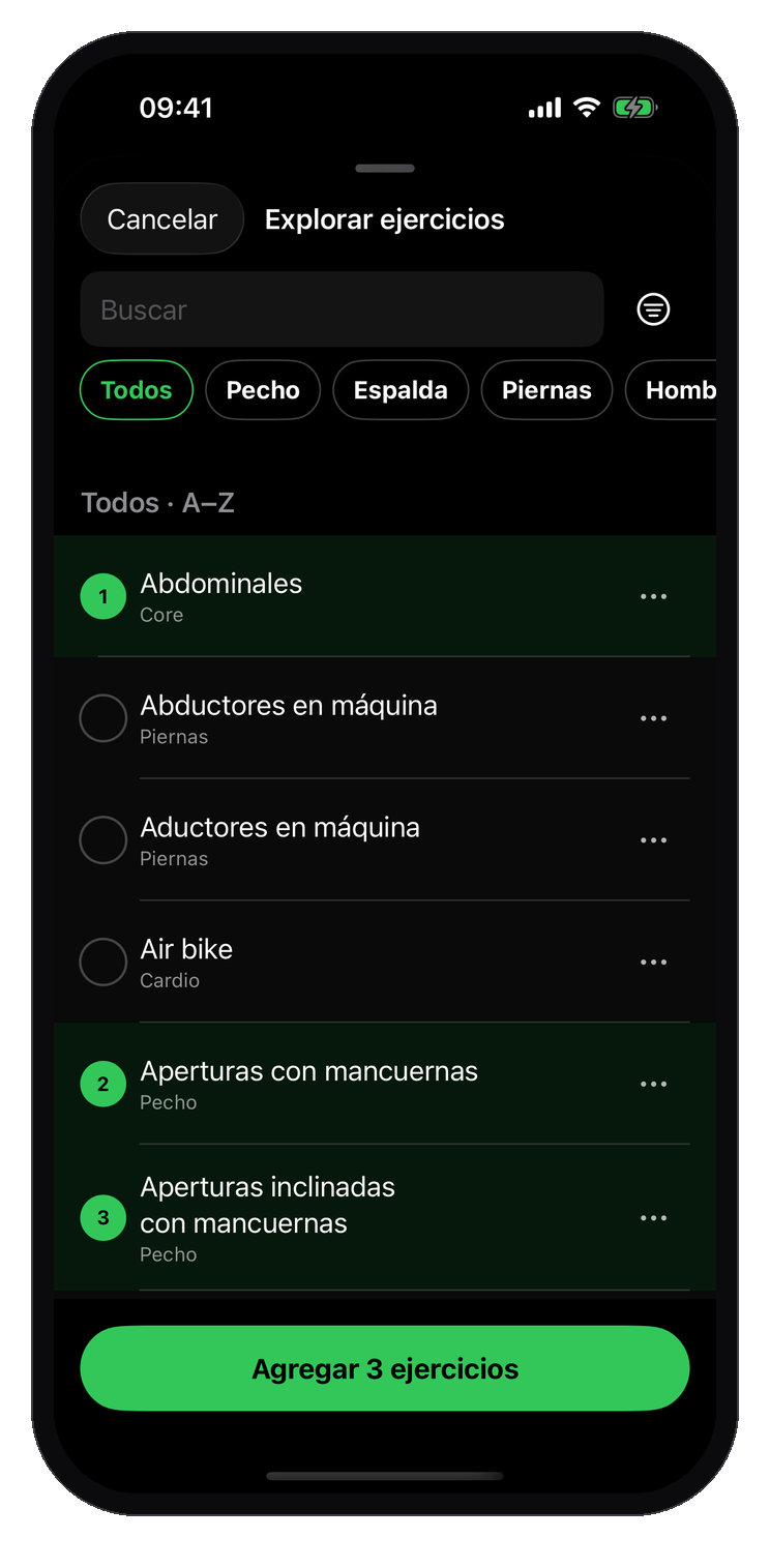 Lista del catálogo con ejercicios para marcar en la rutina.