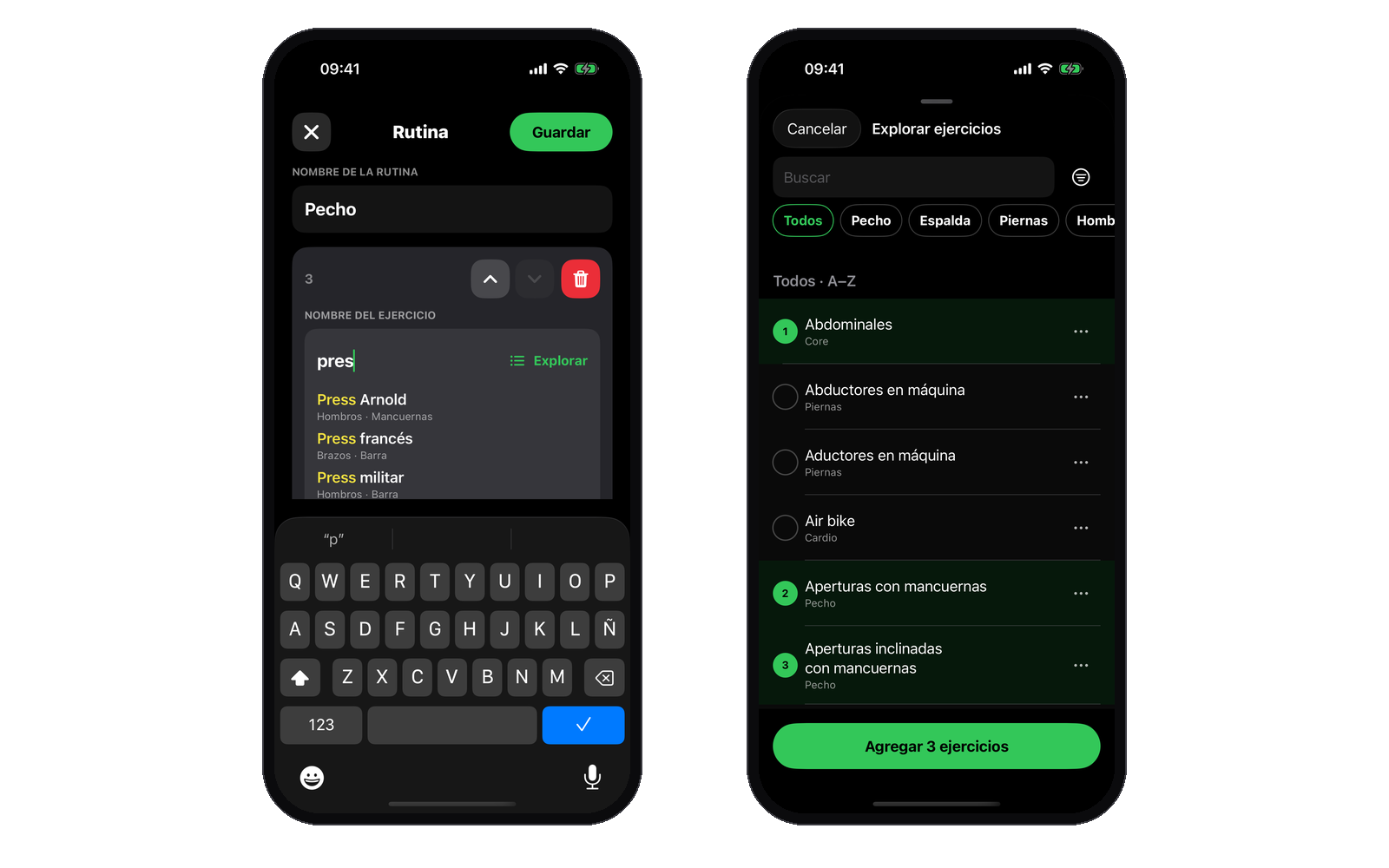 iPhone con la búsqueda del selector de ejercicios de GrafSets y sugerencias como Press de banca con barra.